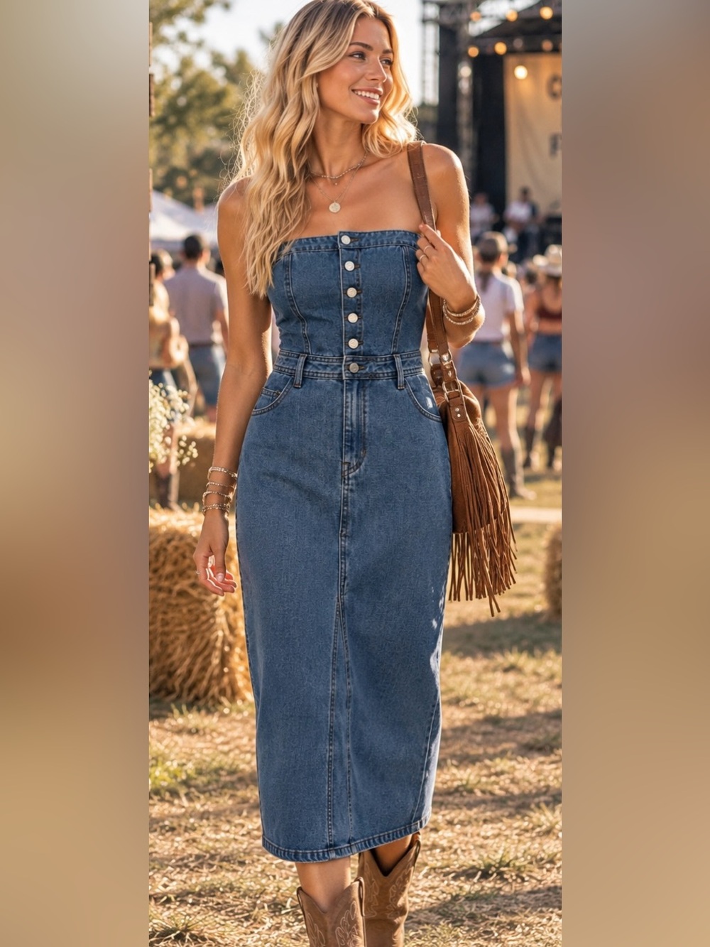 NWT Sincerely Jules Denim Midi Dress M Strapless Western Boho Country Festival